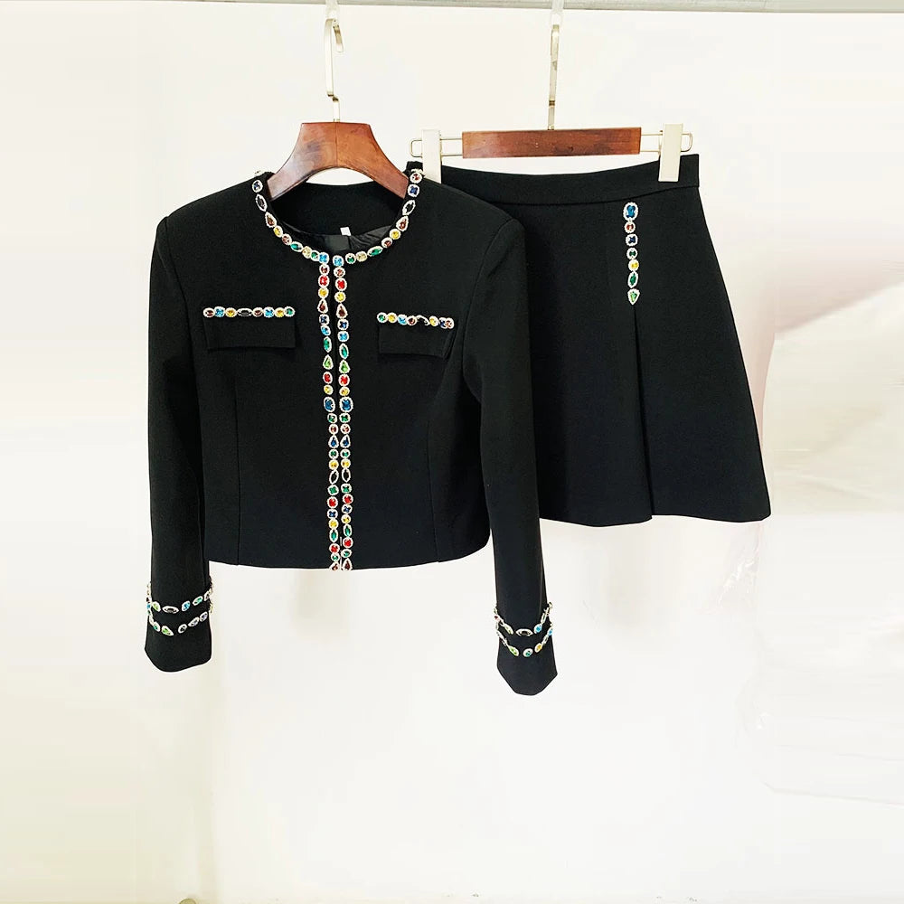 Colourful Diamond Bead Mini Jacket & Plaid Mini Skirt Set