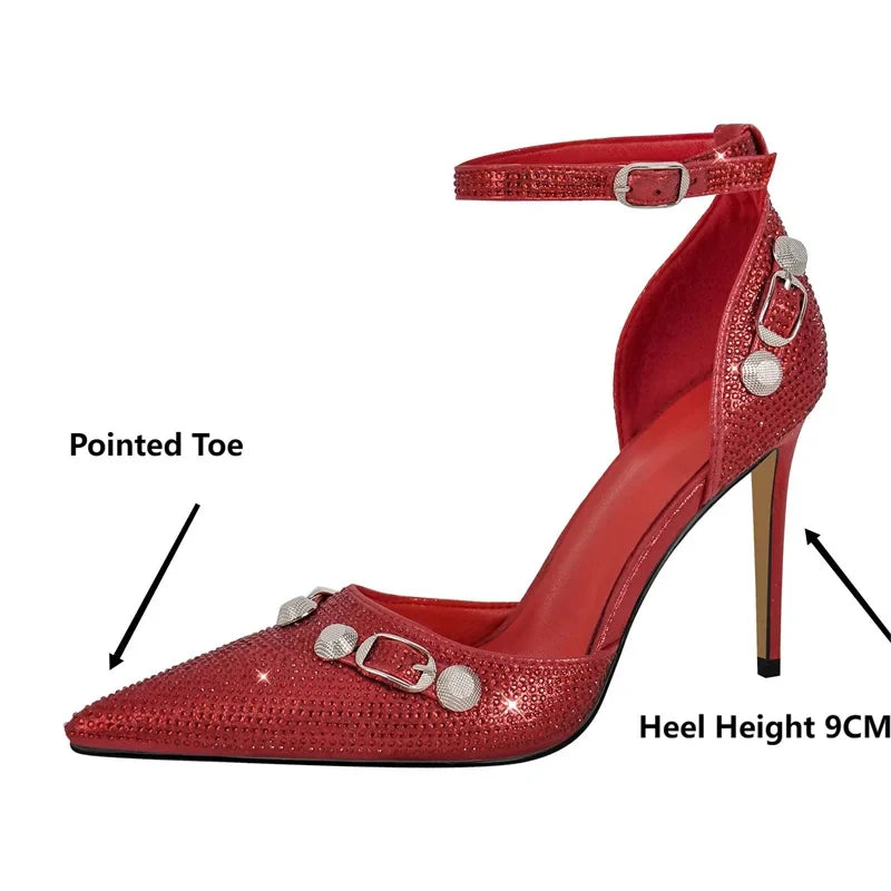 Pointed Toe Rhinestone Ankle Strap Heel Buckle Pumps Thin High Heel Shoes