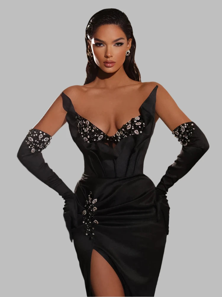 Diamonds Decor V Neck with Gloves High Slit Beads Backless Maxi Dress