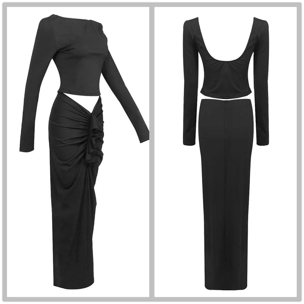 Backless Long sleeved Top & Draping Maxi Skirt Set