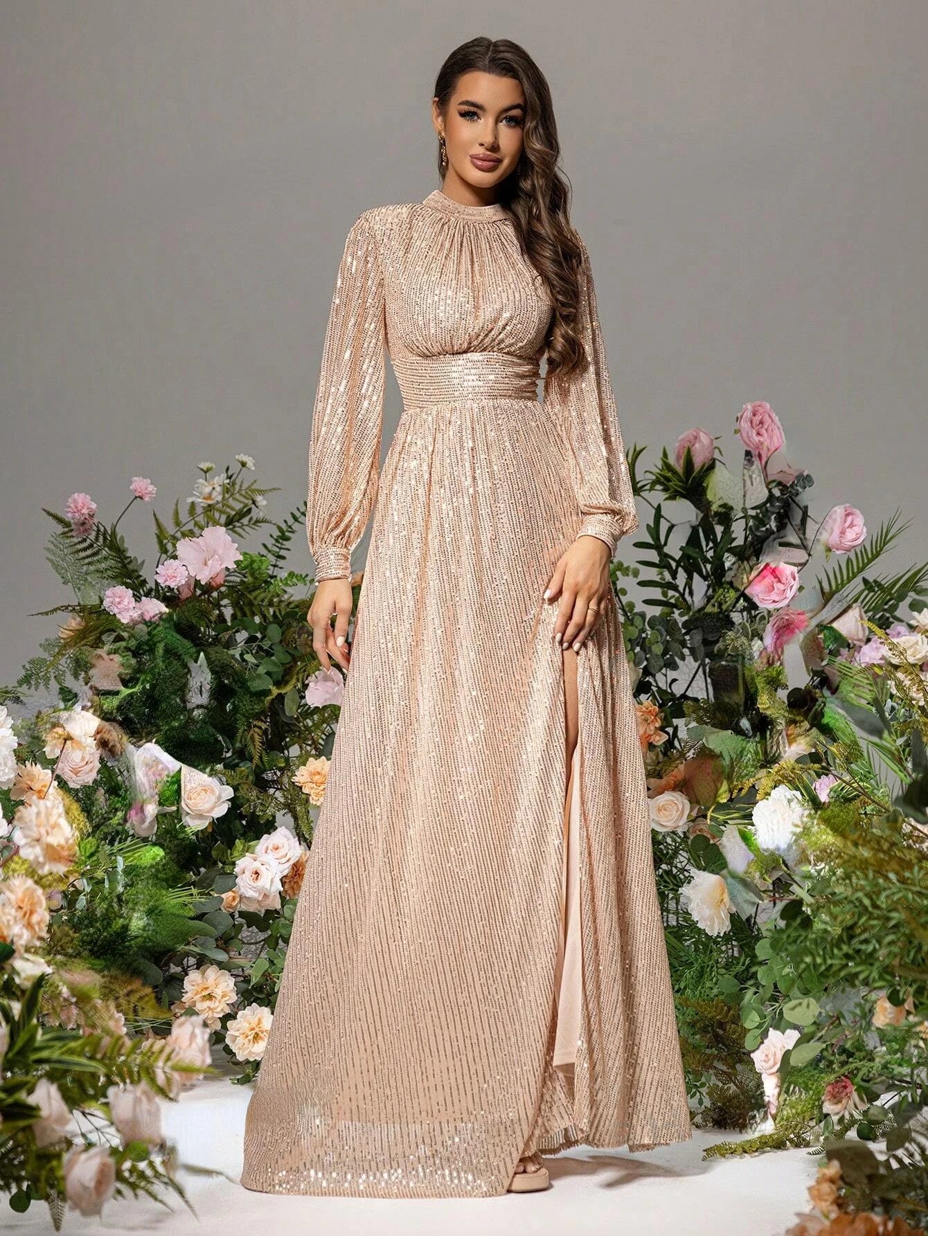 Lantern Long Sleeves Sequined Waist Cinched Loose Fit Maxi Dress