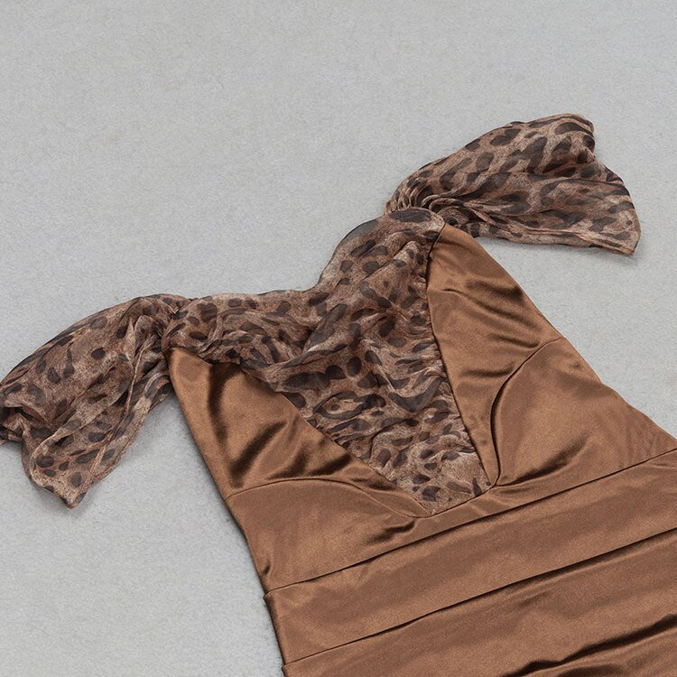 Leopard Pattern Patchwork Shoulder Sleeves Satin Mid Dress