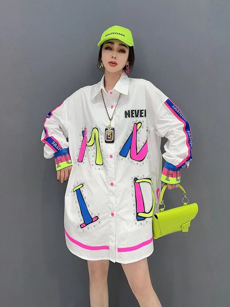 Letter Printed Colour Contrast Casual Turn-down Collar Blouse Shirt