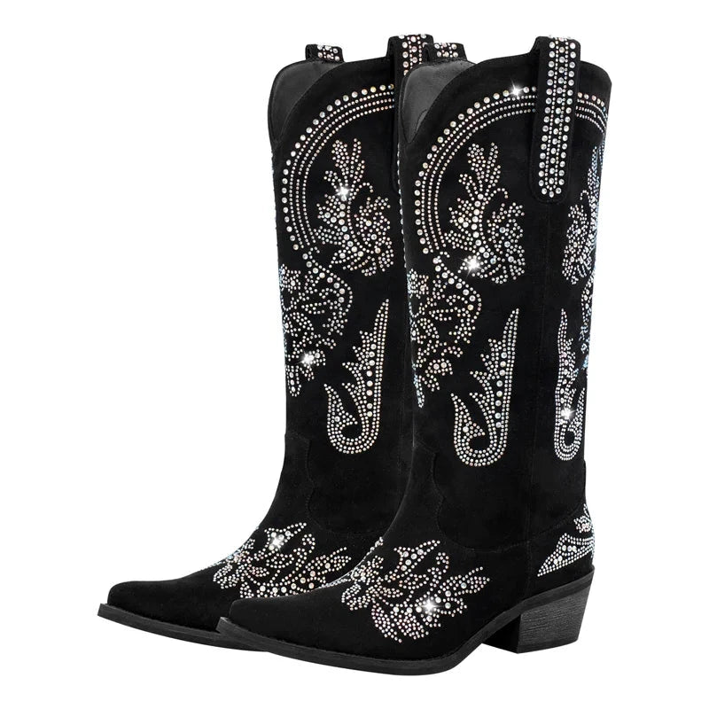 Flock Pointed Toe Rhinestone SLIP-ON Square Heel Boots