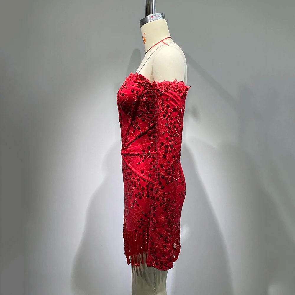 Crystal Tassel Sequin Long Sleeved Off Shoulder Lace Tight Mini Dress