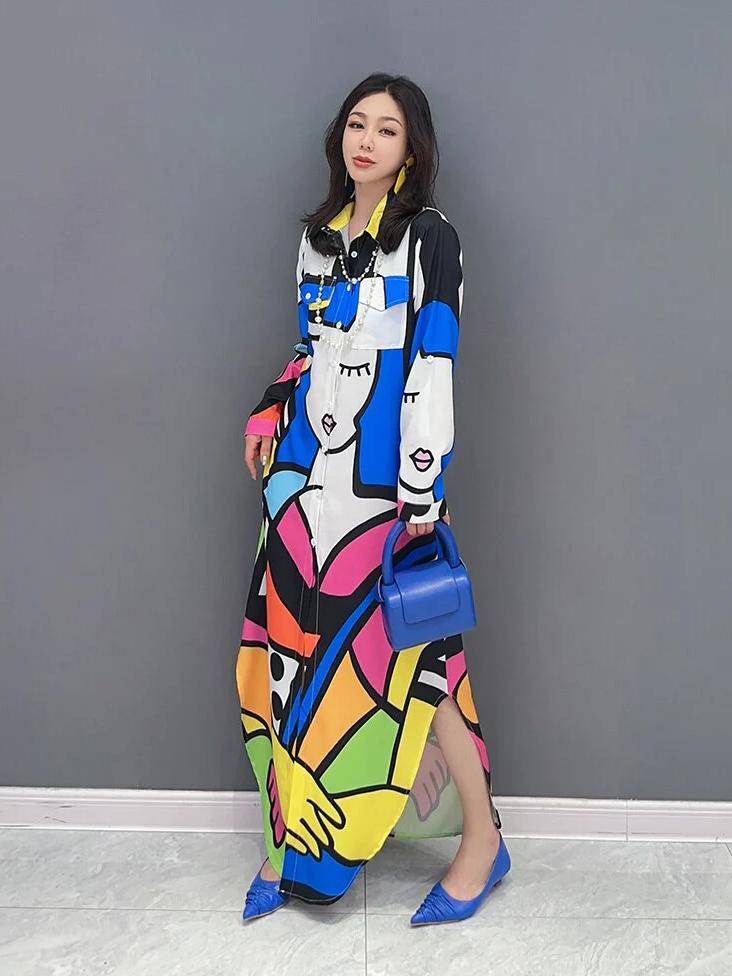 Polo Neck Colourful Abstract Print Irregular Maxi Dress