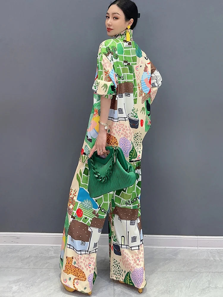 Long Sleeved Printed Shirt Wide Legged Trouser Set