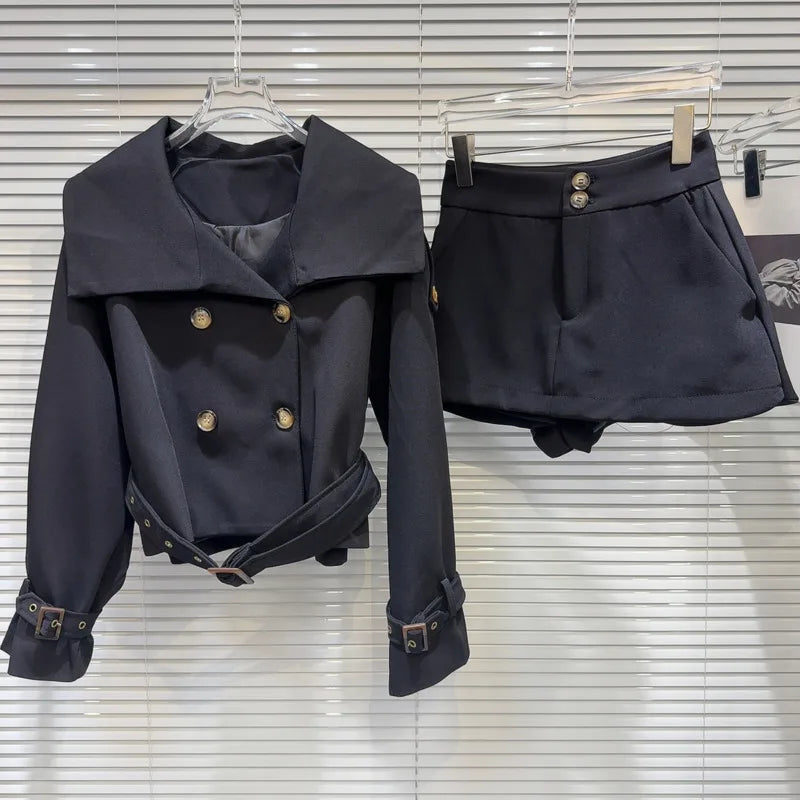 Double Breast Lapel Belted Jacket High Waist Wrap Hip Short Skirt Set