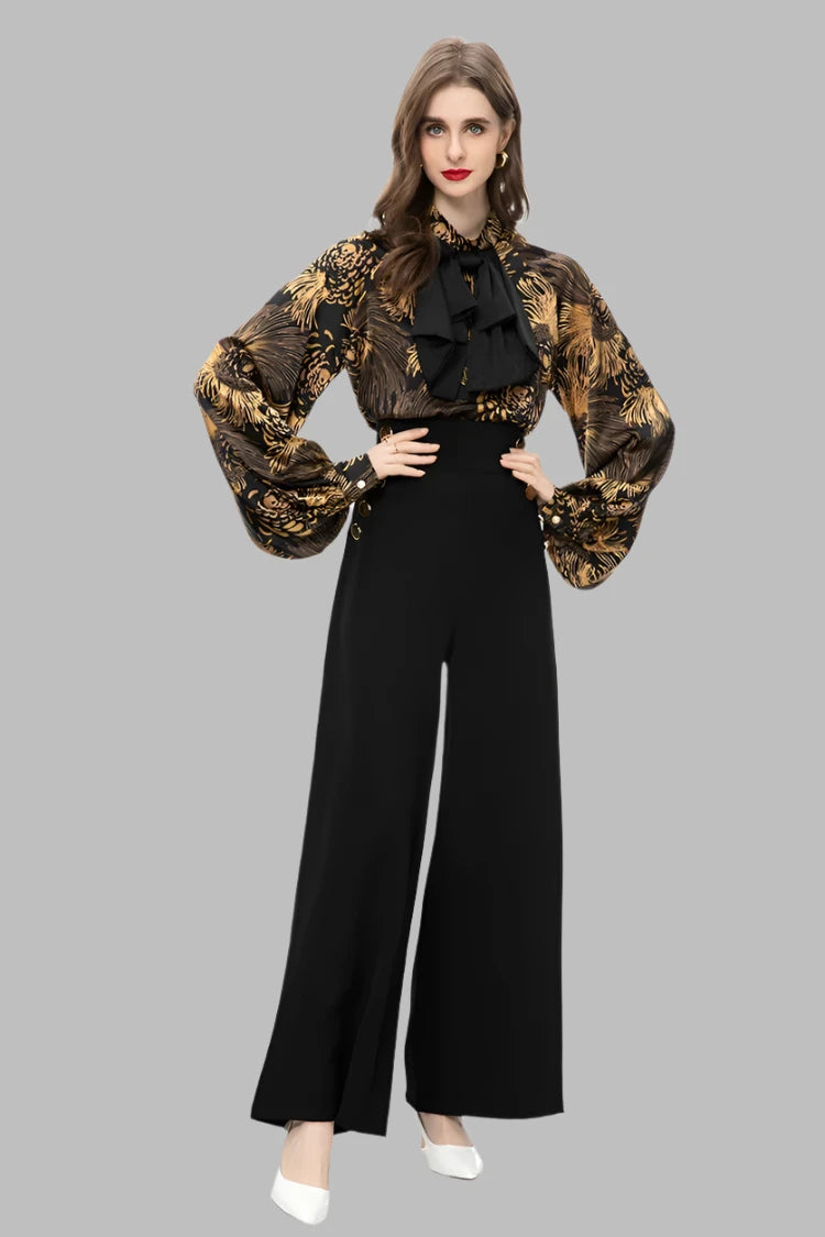 Vintage Print Lantern Sleeve Bow Top High Waist Wide Leg Trousers Set