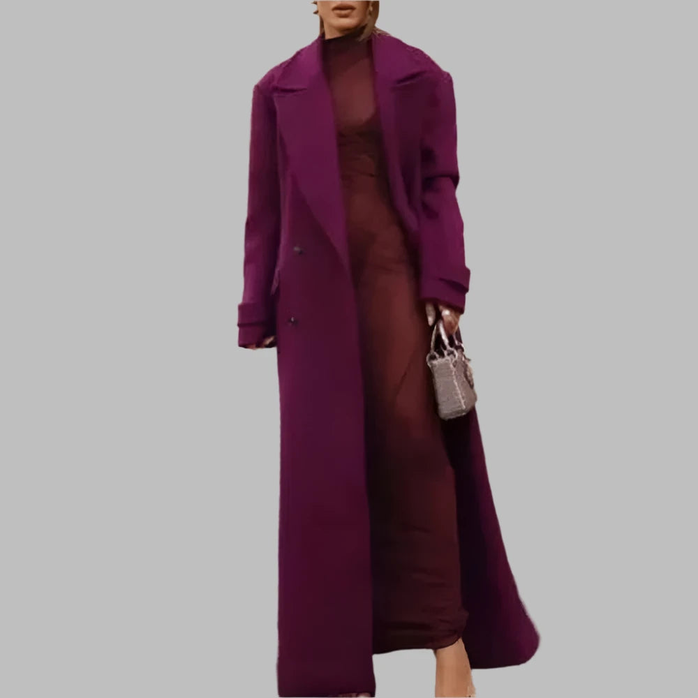 Turn Down Collar Long Sleeve Patchwork Double Breasted Maxi Coat