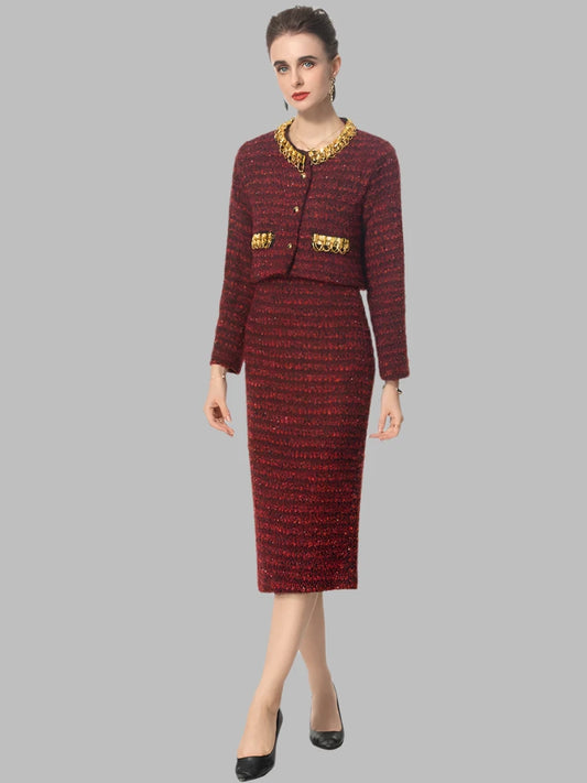 Striped Tweed Diamonds O Neck Single Breasted Mini Coat Mid Skirt Set