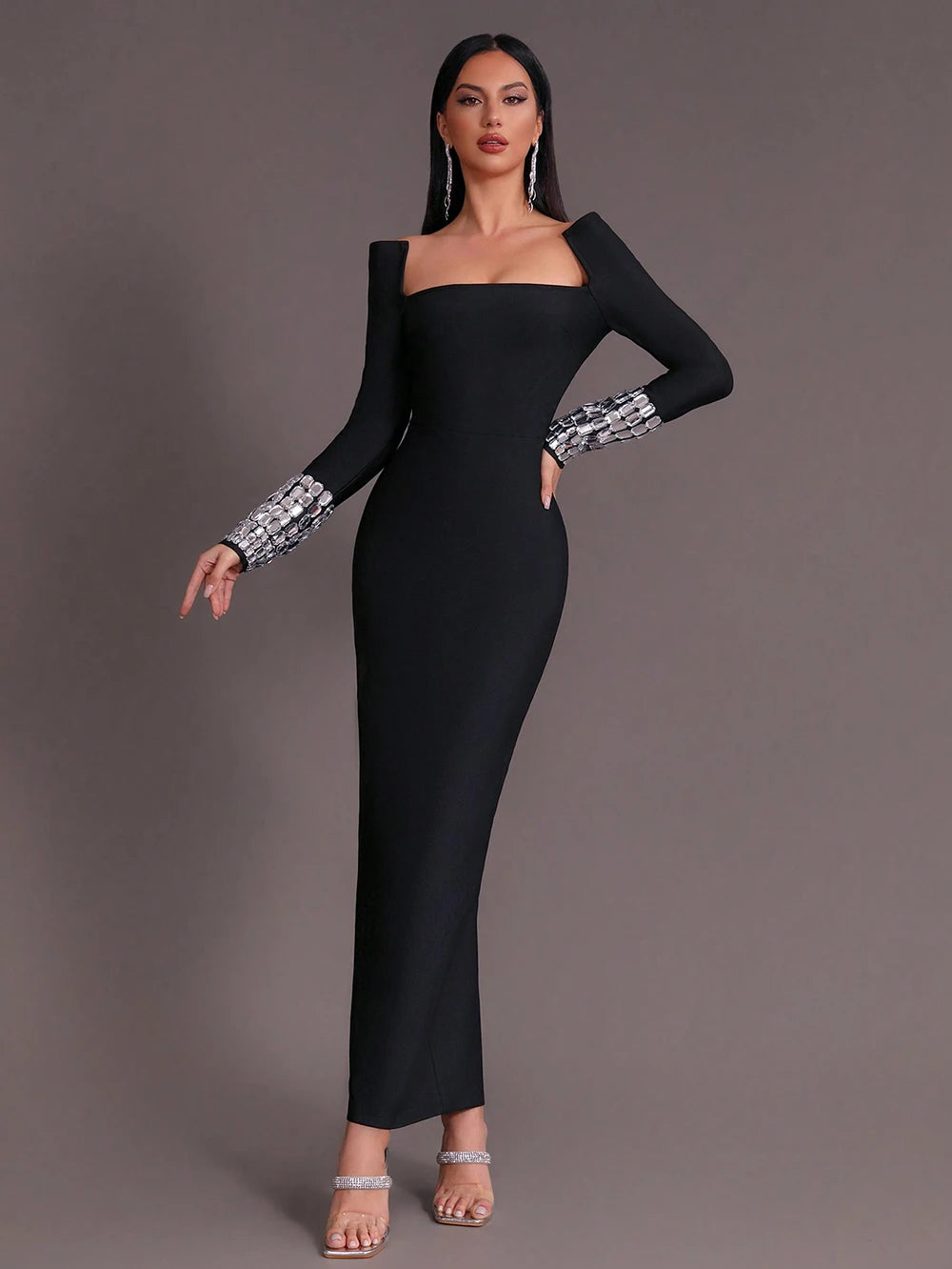 Square Neck Diamond Decor Long Sleeve Tight Maxi Bandage