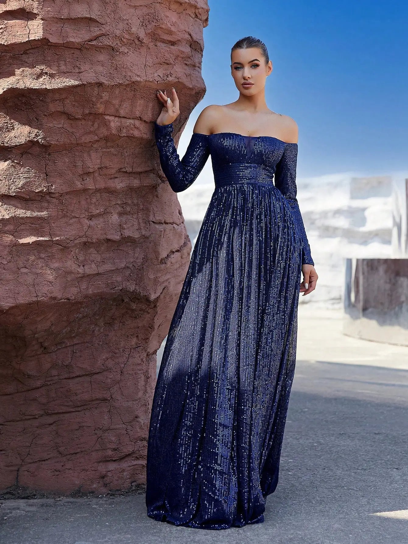 Off Shoulder A Line Long Sleeves Sequins Evening Maxi Dress