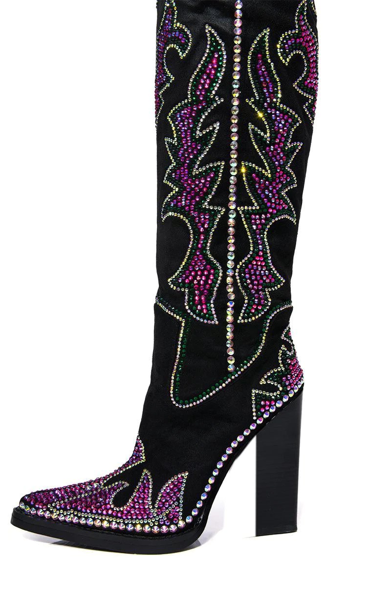 Embroidered Crystal Chunky Denim Square Heel Knee High Boots