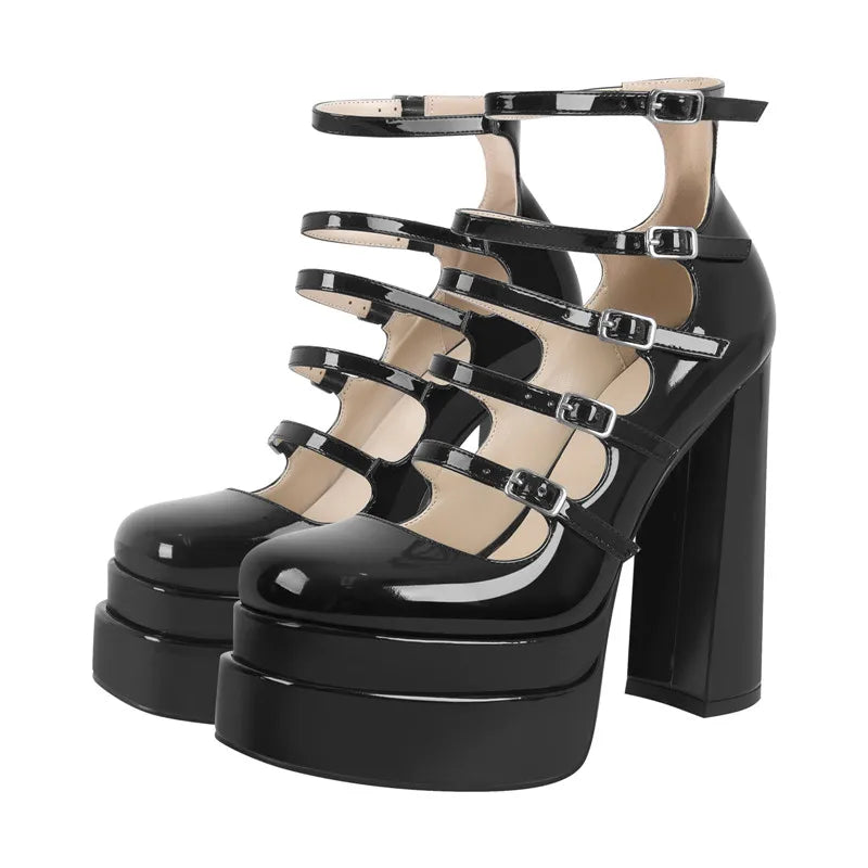 Buckle Strap Platform Patent Leather Cross-tied Square Toe Thick High Heels Shoes