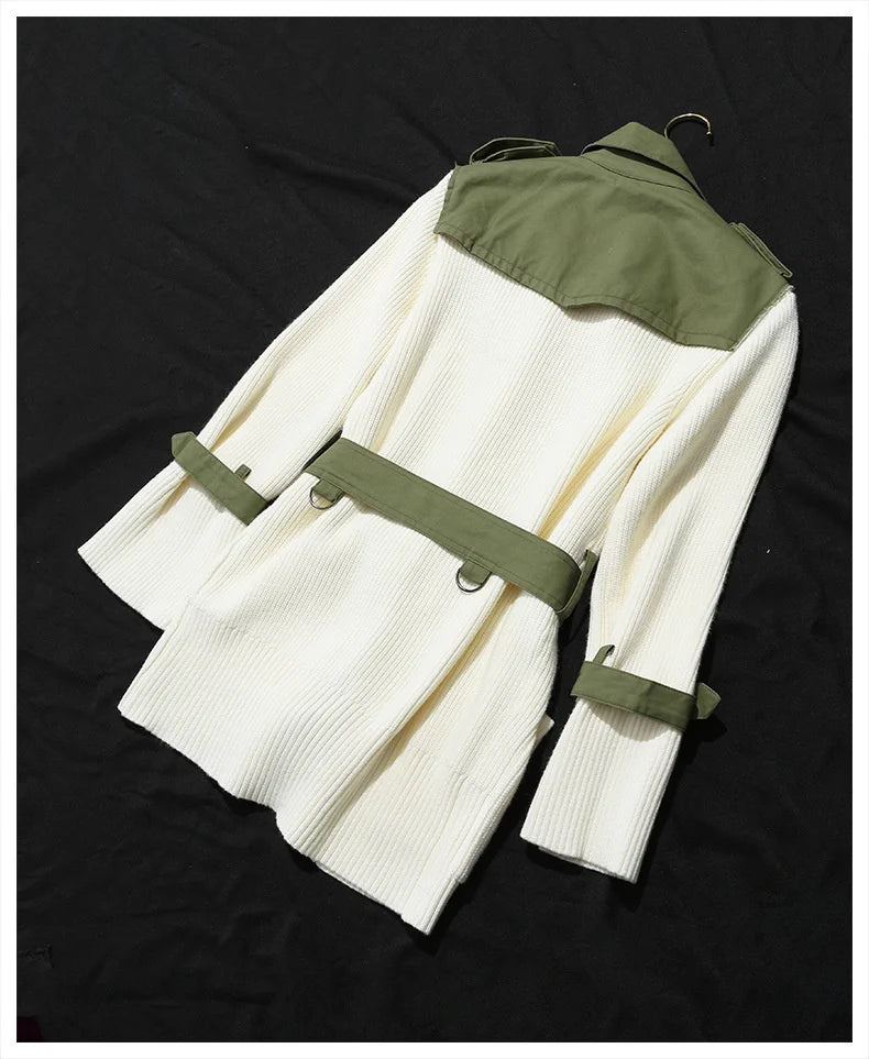 Lower Waist Belt Contrast Colour Irregular Elastic Knitted Coat