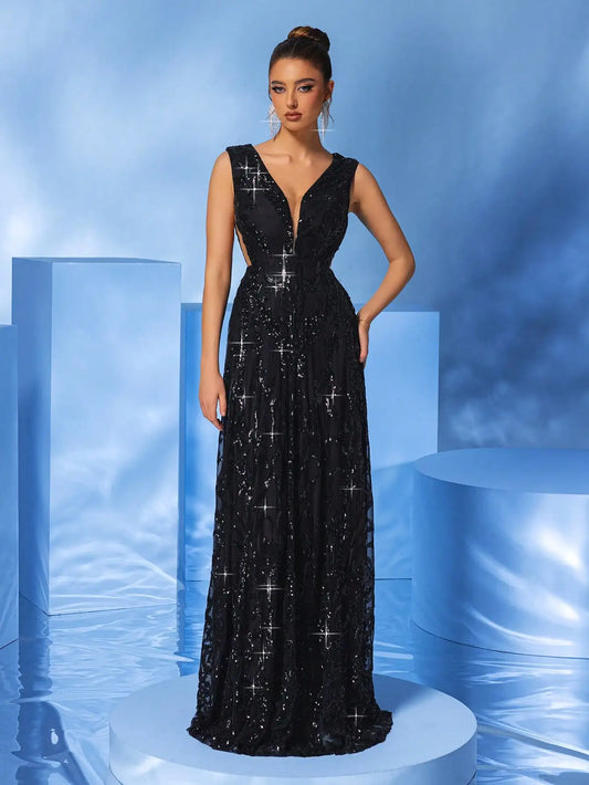 V Neck Sleeveless Black A-LINE Sequin Maxi Dress