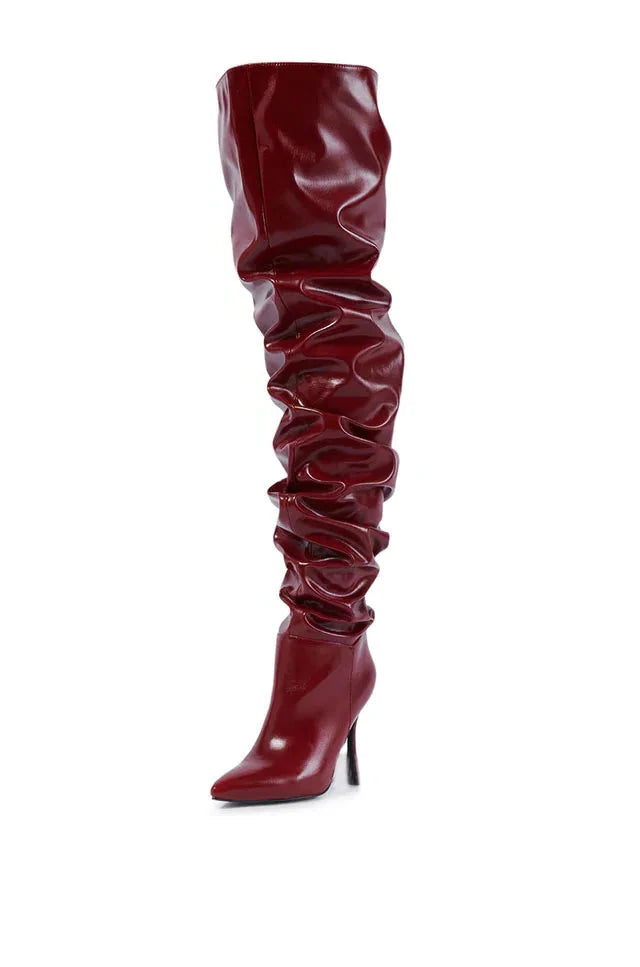 Pleated Patent Leather Pointed Toe Heels Pumps Over The Knee High Boots