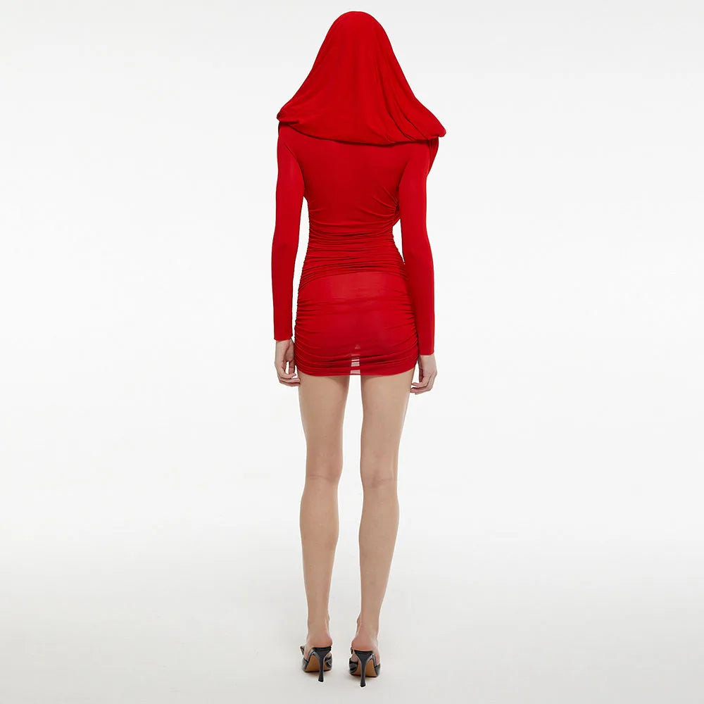 V-Neck Long Sleeve Draped Tight Hooded Mini Dress