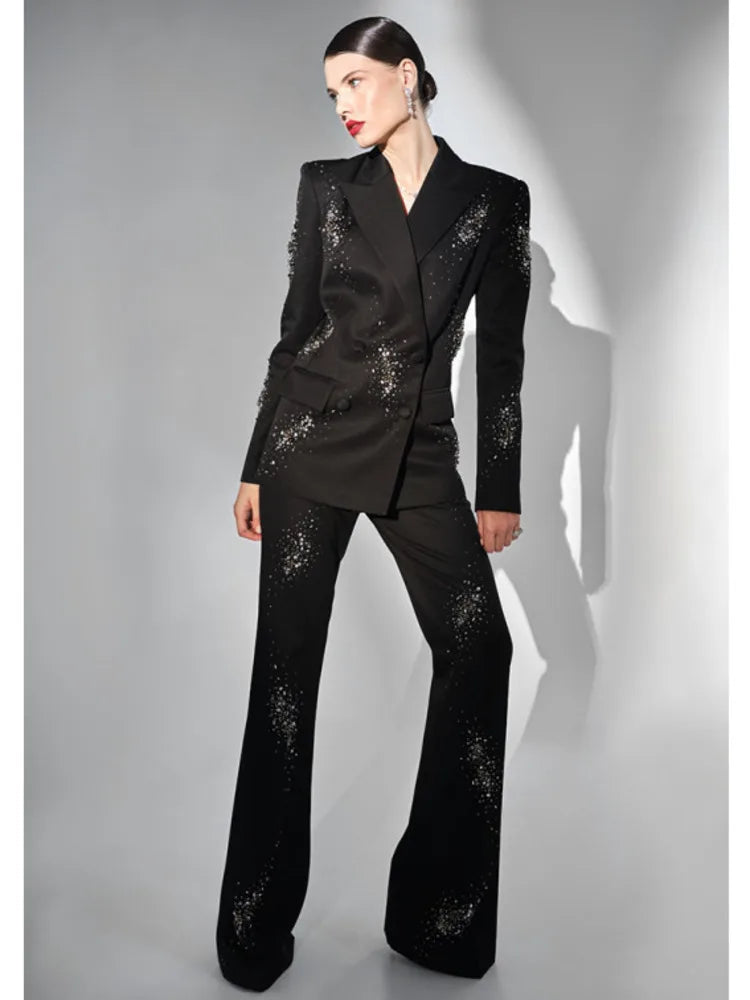 Beading Diamonds Notched Long Sleeve Blazer Flare Trouser Set