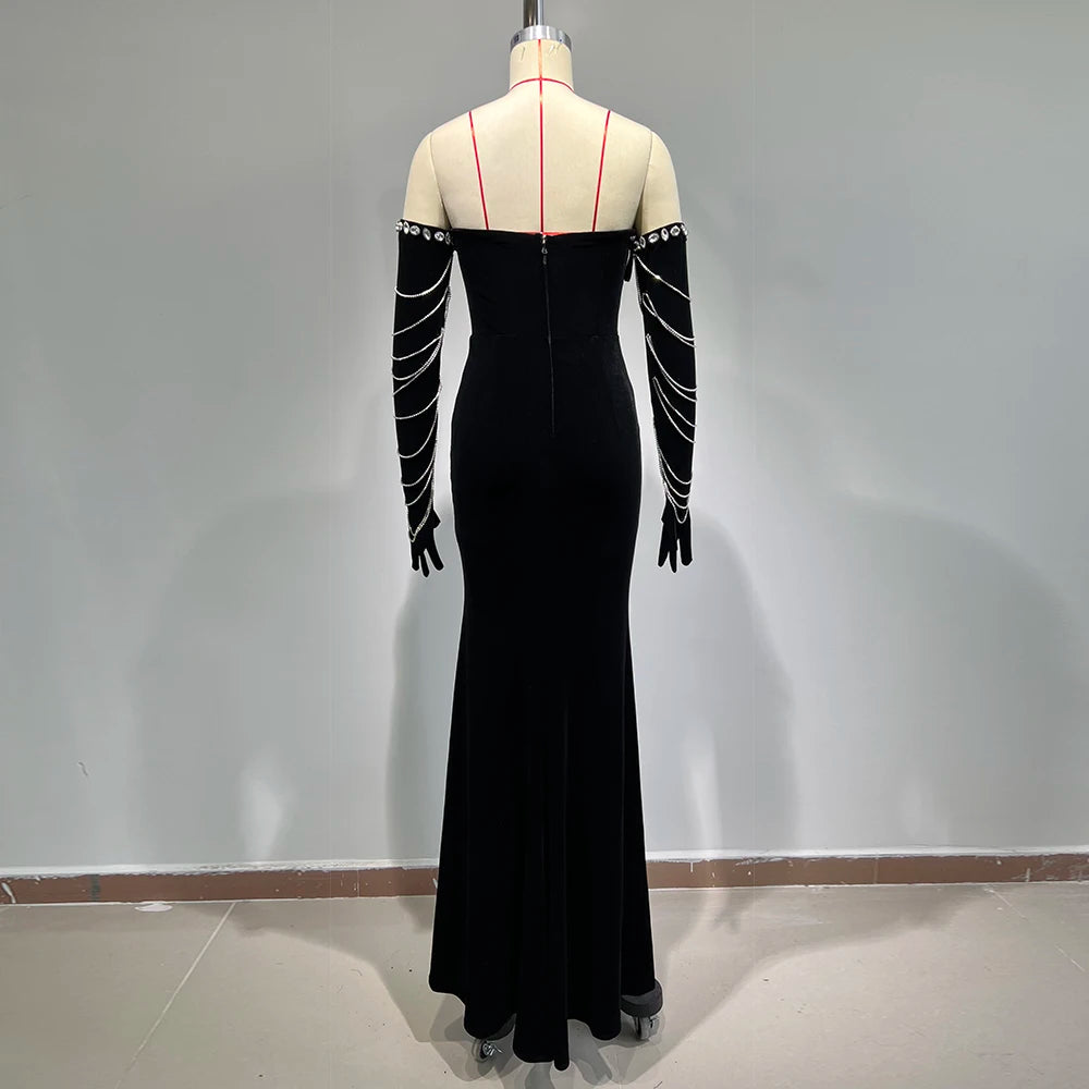 Pearl Crystal Off Shoulder Long Sleeve Mermaid Tassel Gloves Maxi Dress