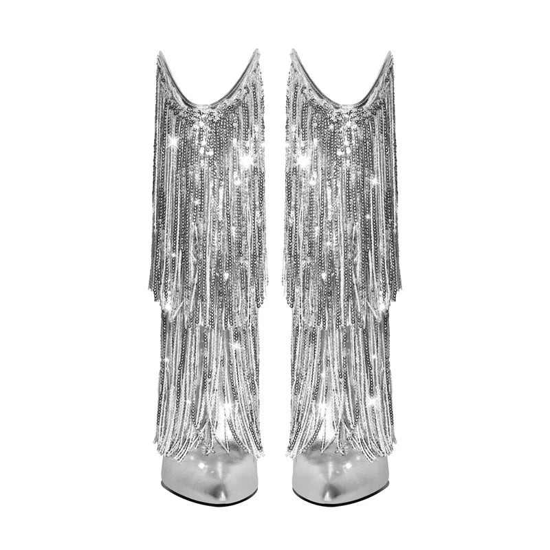 Pointed Toe Sequin Fringe Thin High Heel Mid Boots