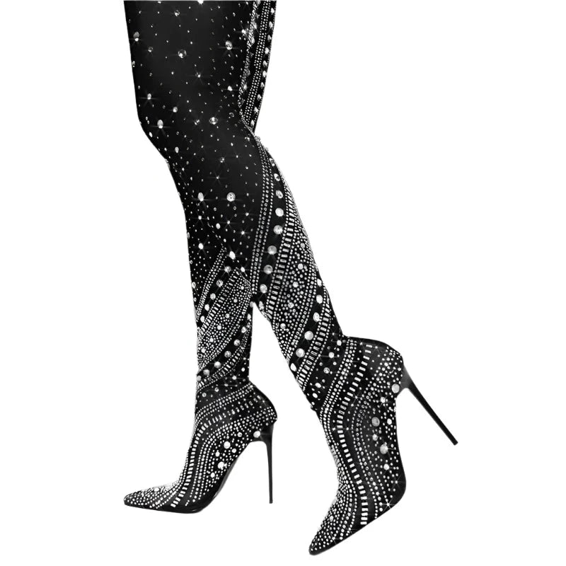 Crystal Embellished Stretch Thigh High Heel Over The Knee Boots