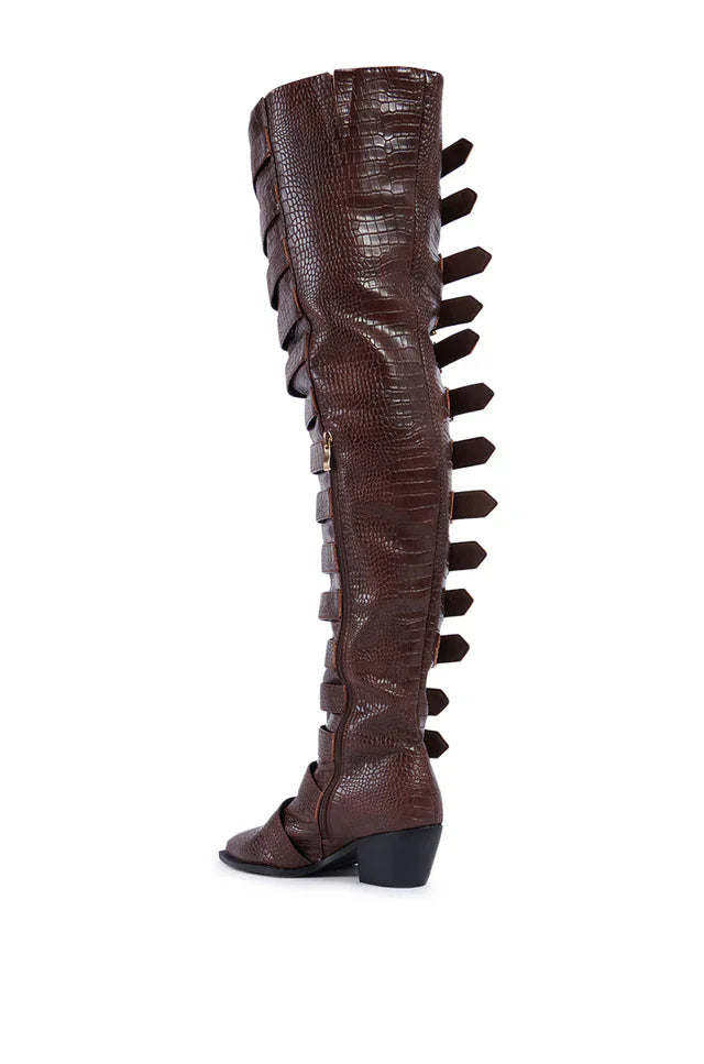 Pointed Toe PU Leather Thick Heels Zip Belt Over The Knee Boots