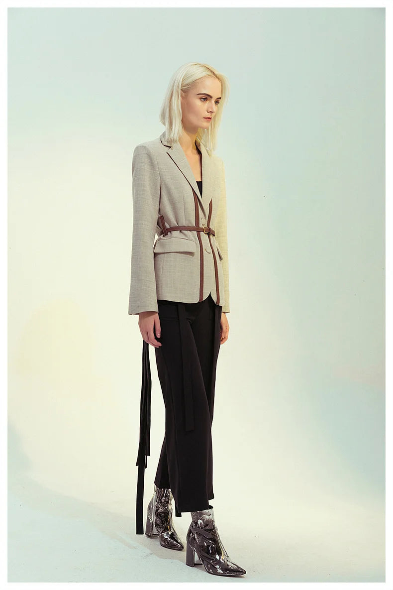 Notched Collar Spliced Contrasting Colours PU Leather Belt Blazer