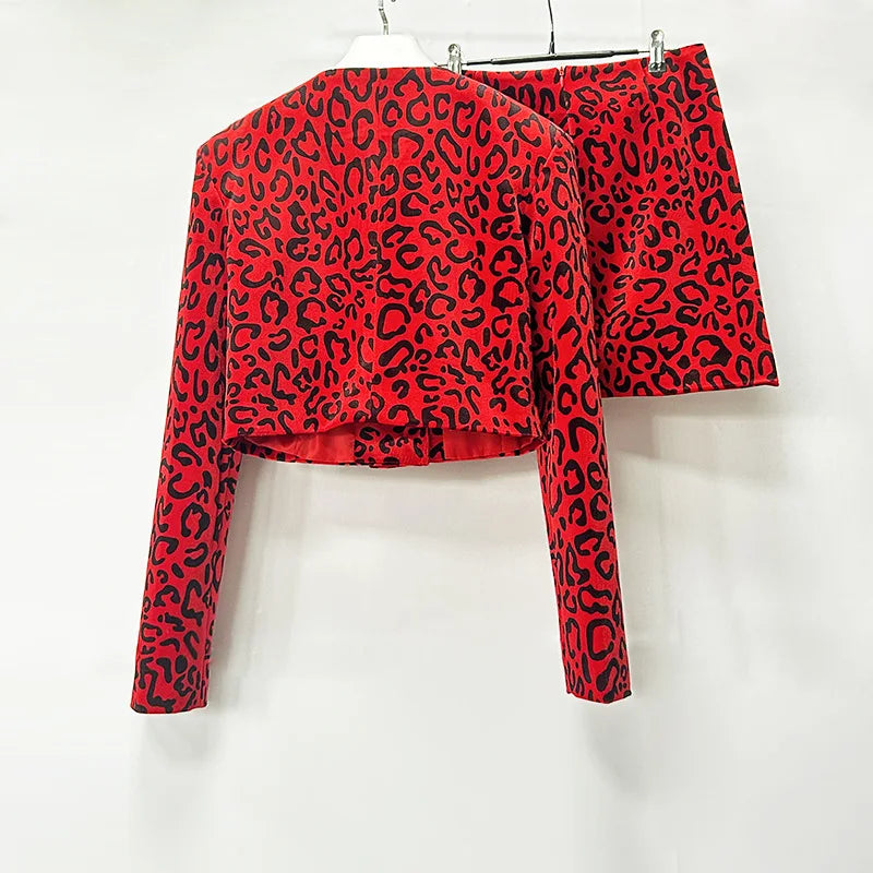 O-Neck Leopard Velvet Buttoned Mini Coat Leopard Print Mini Skirt Set