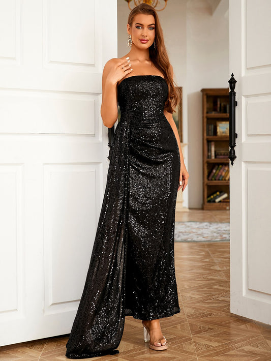 Chest Wrapping Strap Sleeveless Side High Split Sequins Maxi Dress