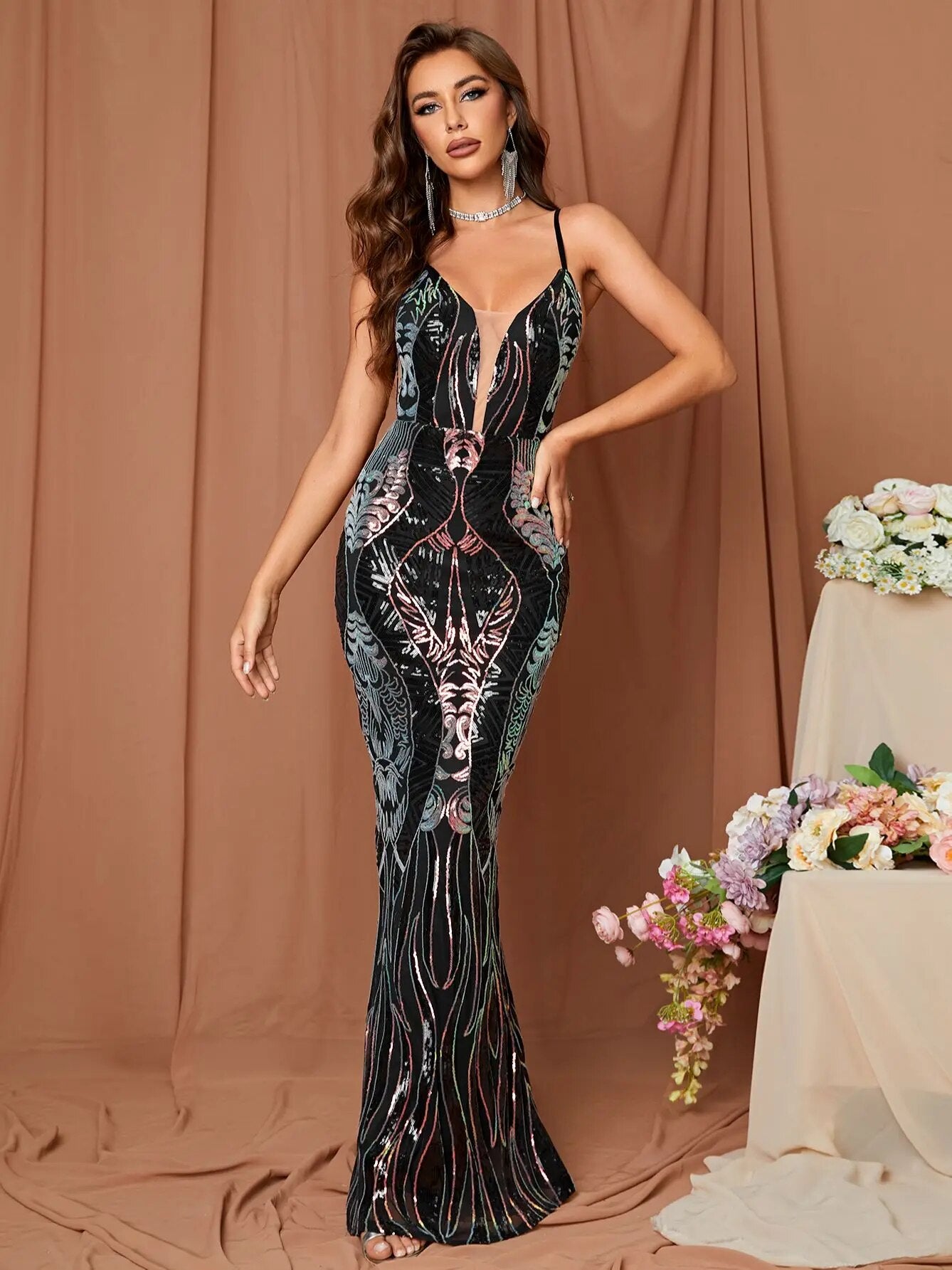 Sleeveless Backless Slim Sequin Geometric Pattern Mermaid Maxi Dress