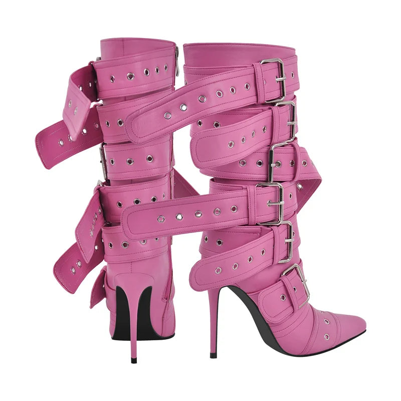 Multiple Buckle Strap Thin High Heel Zipper Side Pointed Toe Mid Boots