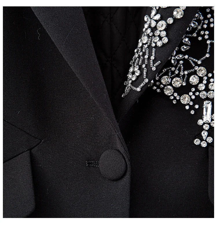 Irregular Rhinestone Single Button Feather Spliced Sleeve Blazer