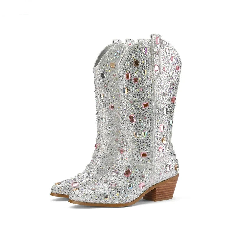 Crystal Rhinestone Pointed Toe Slip On Thick Heel Mid Boots