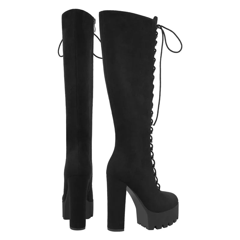 Platform Flock Chunky Heel Side Zip Over The Knee Boots