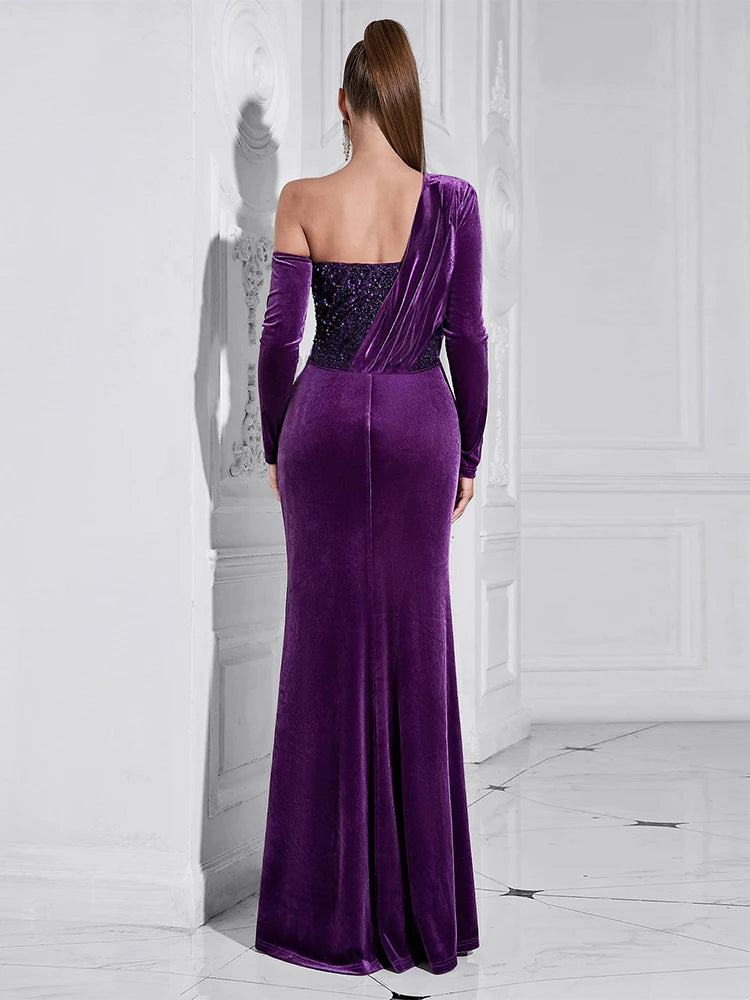 Asymmetrical Neck Sequins Patchwork Velvet Long Sleeves Split Maxi Dress