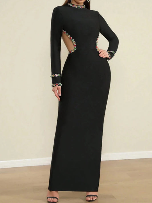 Hollow Out Spliced Diamonds O Neck Long Sleeve Maxi Dress