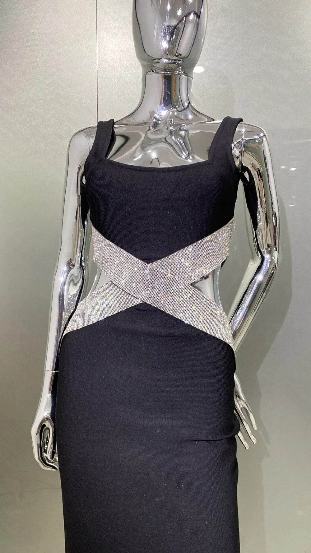 Sleeveless Square Neck Sparkling Diamond Hollow Tight Bandage Mid Dress