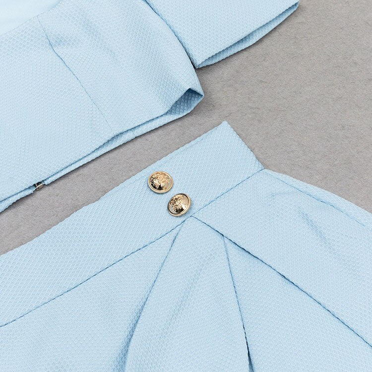 Square Neck Bubble Sleeve Super Mini Top & High Waist Draped Mini Skirt Set