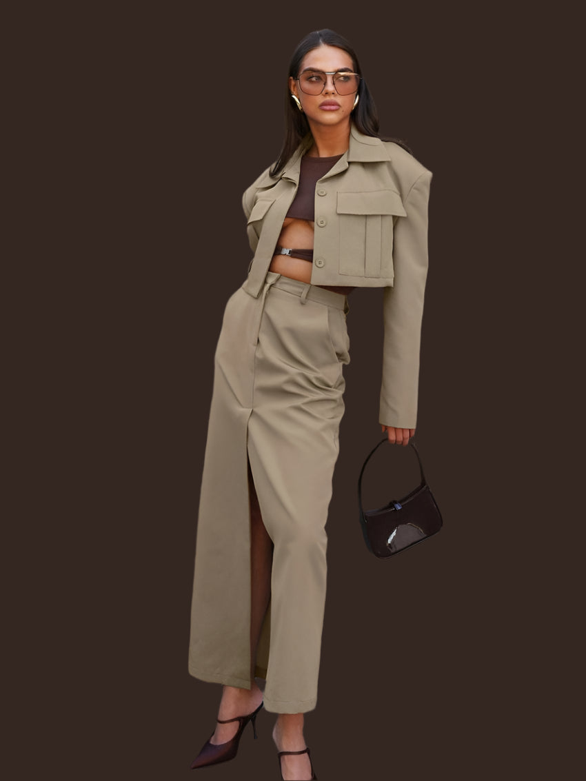 Long Sleeve Crop Jacket With High Waist Slit Maxi Skirt Set