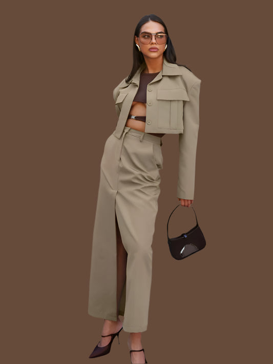 Long Sleeve Crop Jacket With High Waist Slit Maxi Skirt Set