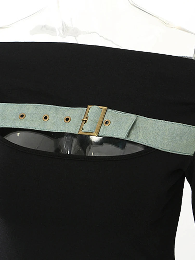 Knitted Slash Neck Long Sleeves Hollow Out Belt Denim Spliced T-Shirt