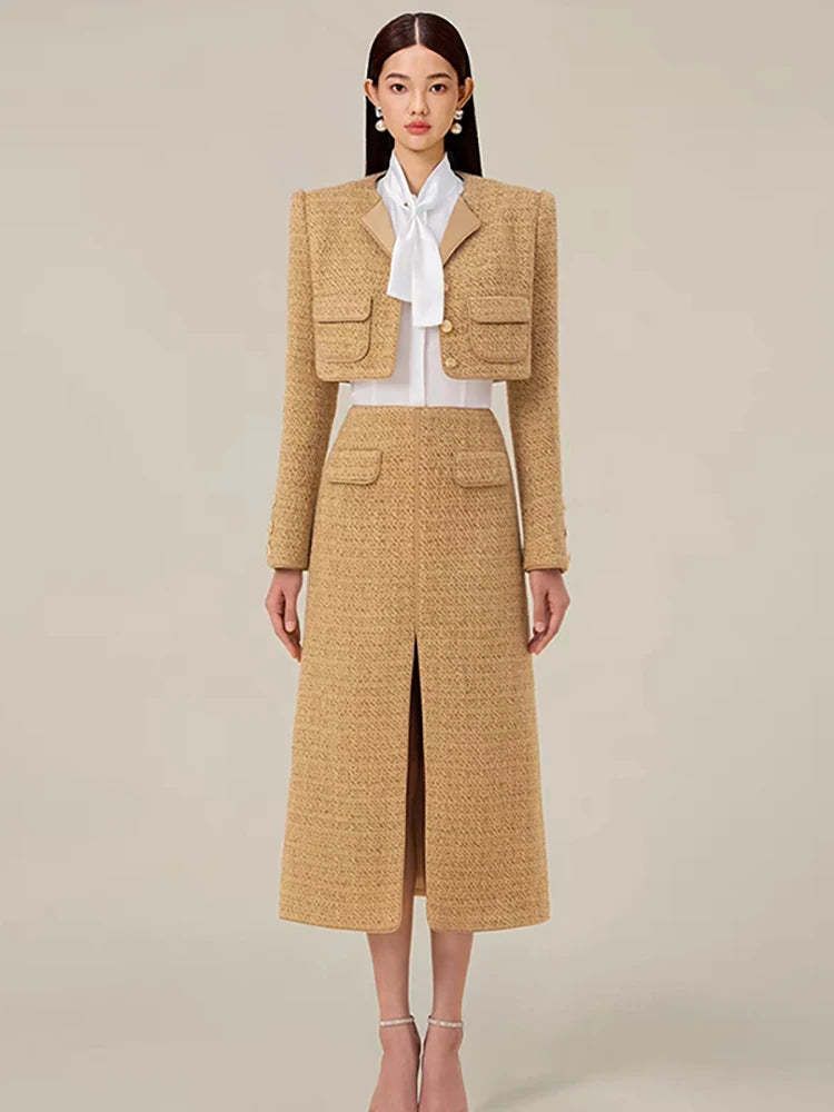 Long Sleeve Tweed Mini Jacket Slim Split Mid Skirt Set