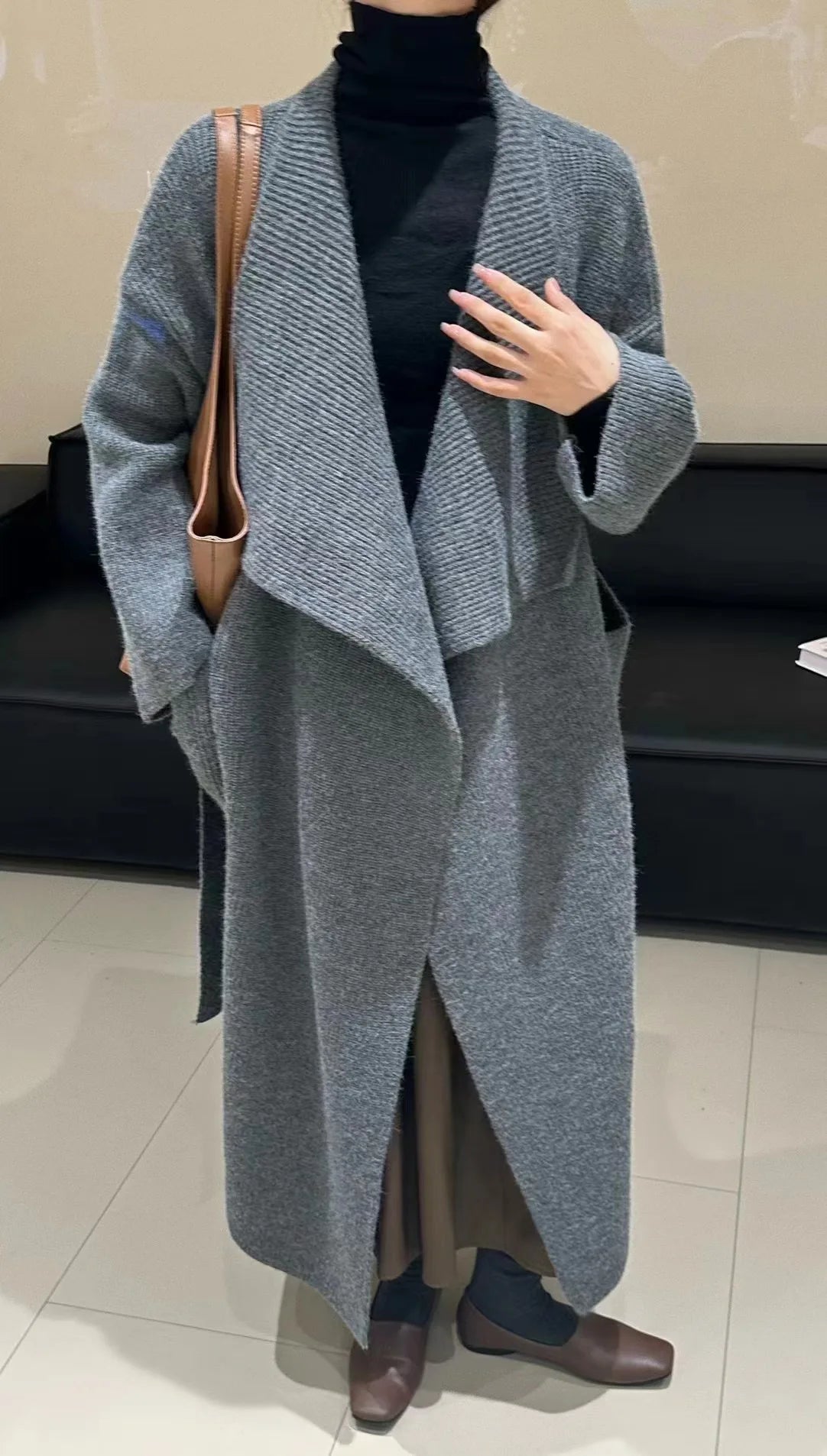 Lapel Loose Fit Long Sleeves Sashes Knitted Cardigan Maxi Coat