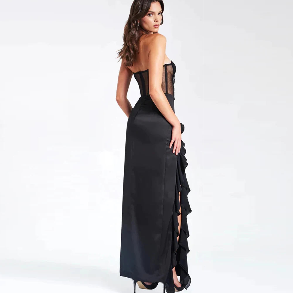 Off Shoulder less Ruffle Edge Satin Tight Corset High Split Maxi Dress