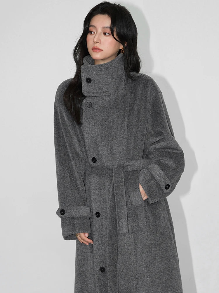 Turtleneck Loose Single Breasted Lined Sashes Blends Woollen Overcoat