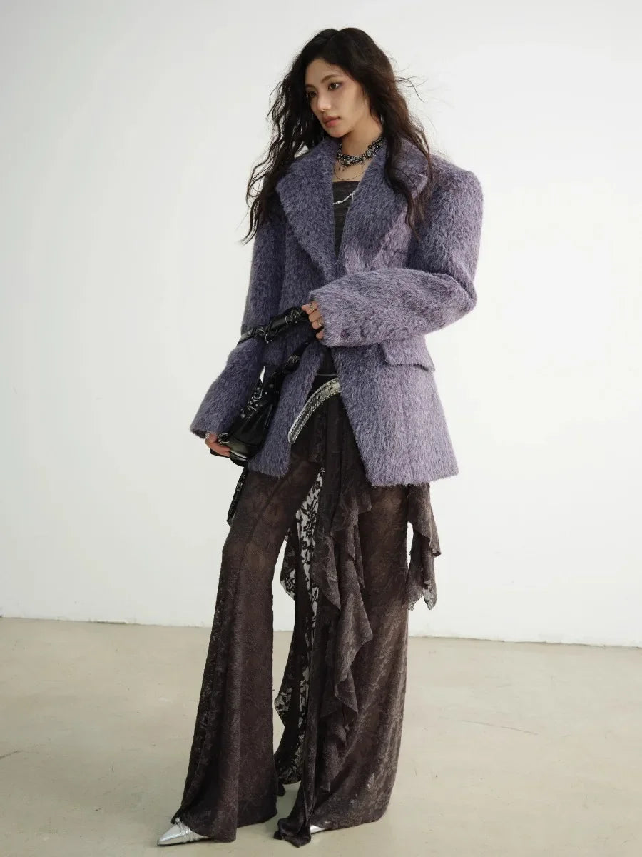 Spliced Pockets Lapel Long Sleeve High Waist Woollen Coat