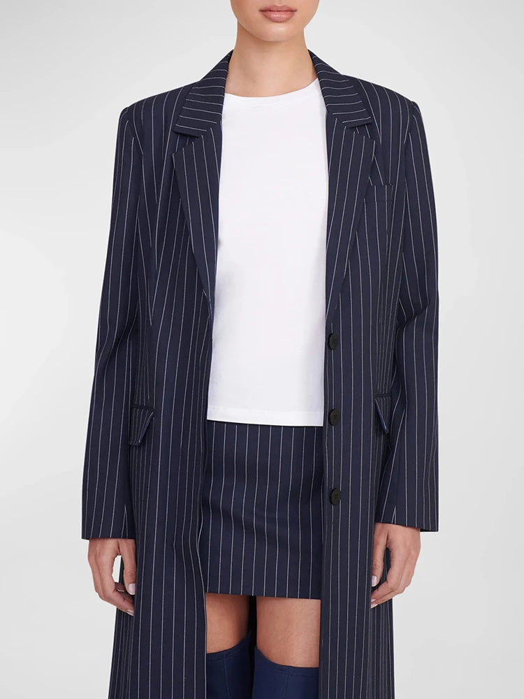 Stripe Notched Collar Long Sleeves Single Breasted Pockets Slim Long Coat