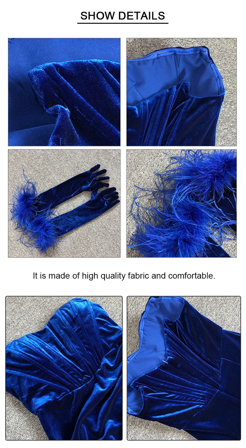 Feather Gloves Strapless High Slit Mermaid Velvet Pleated Prom Maxi Dress